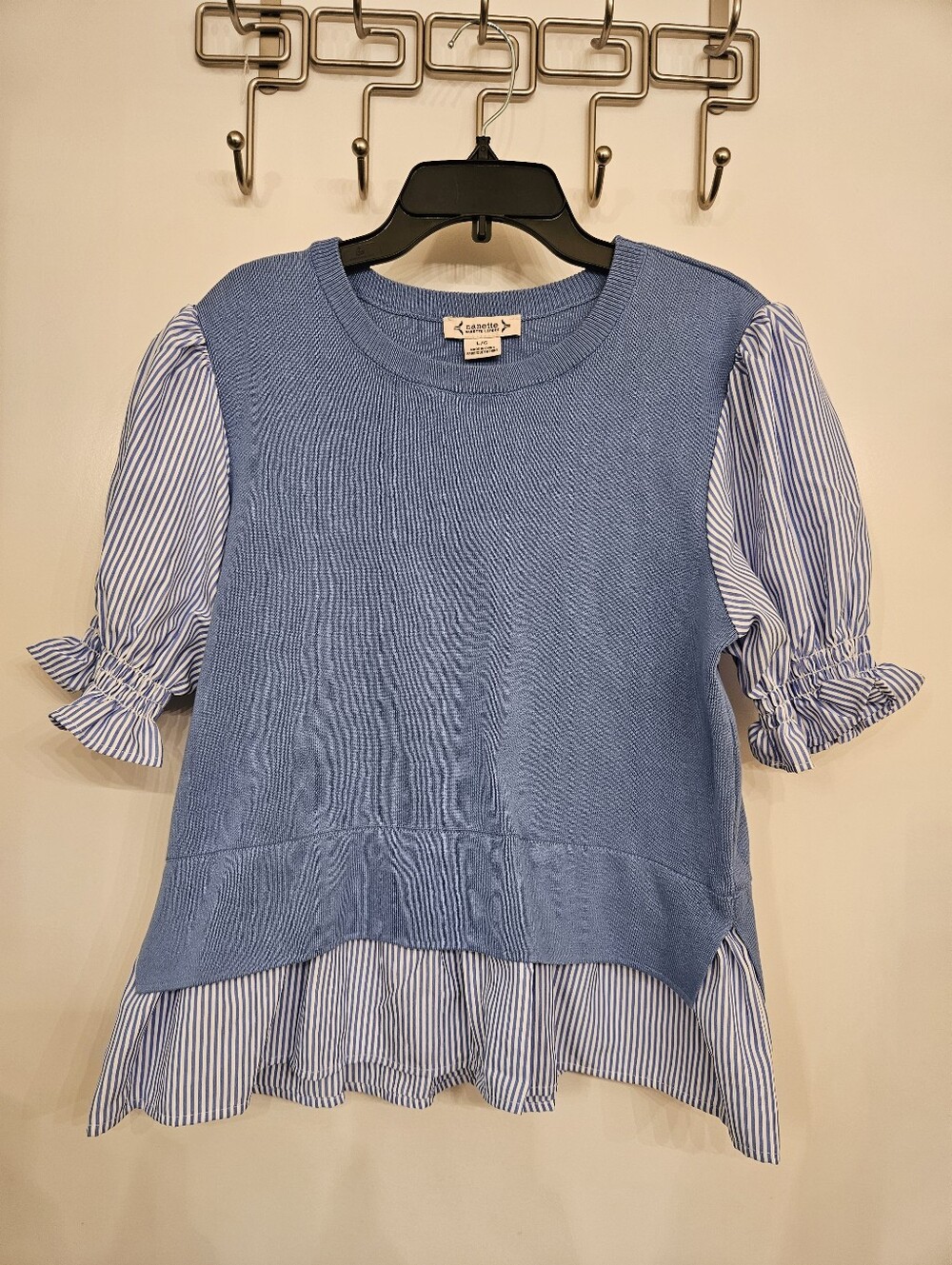 Nanette Lepore Blue Striped Layered Twofer Knit Top Puff Sleeve Peplum Large